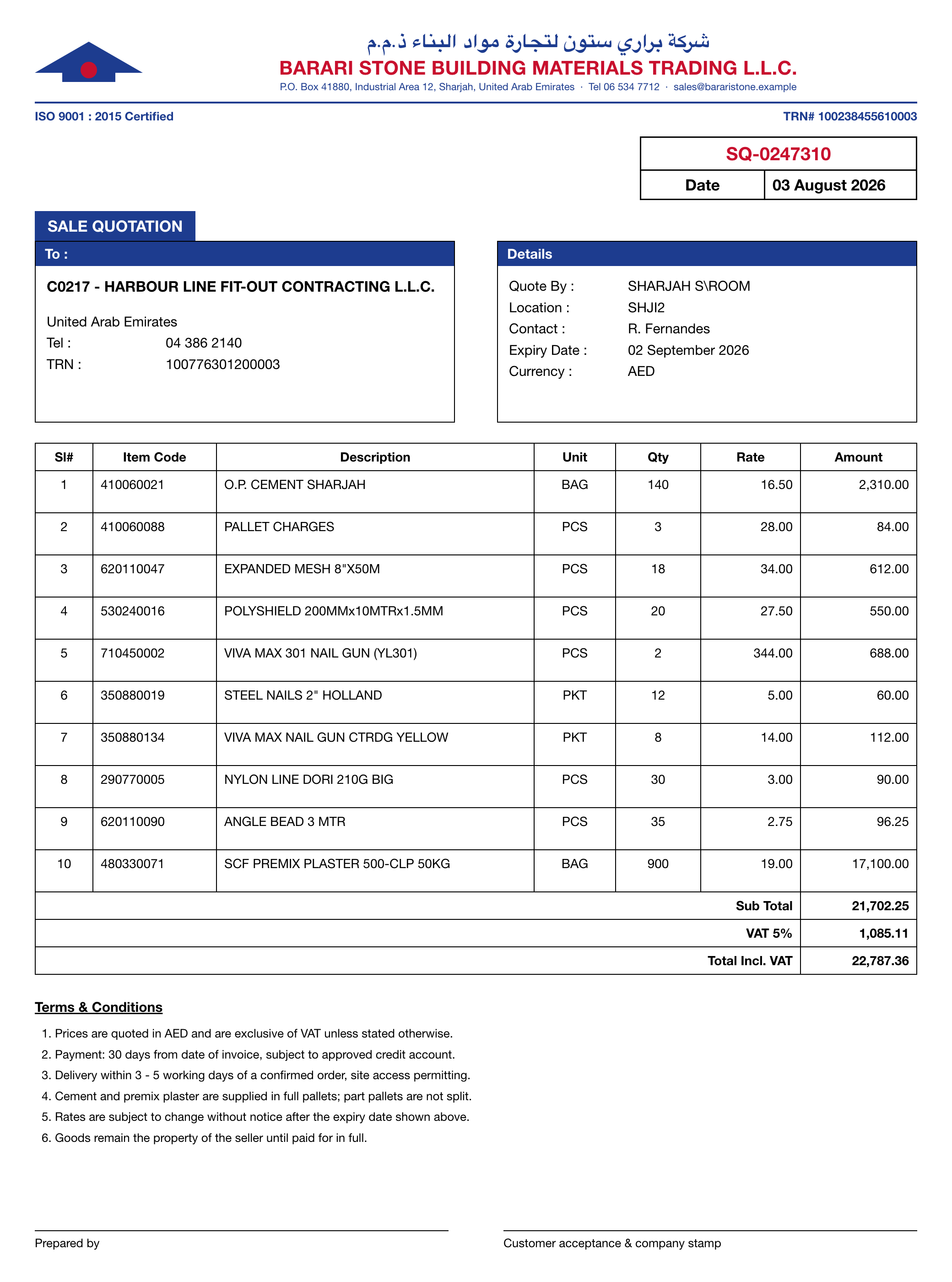 A quotation on the supplier's own letterhead