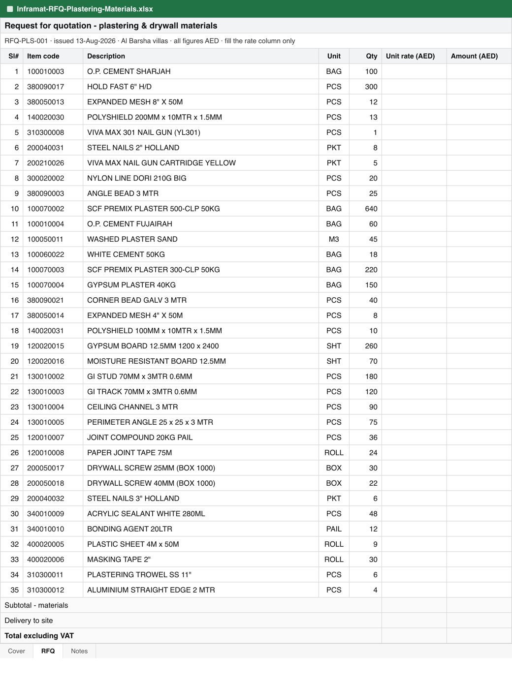 A 35-line plastering and drywall enquiry as a spreadsheet, rates blank