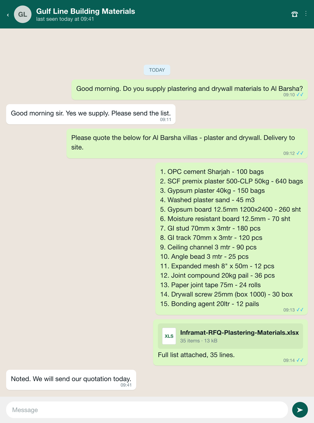 A material list sent to a supplier over WhatsApp, with the spreadsheet attached