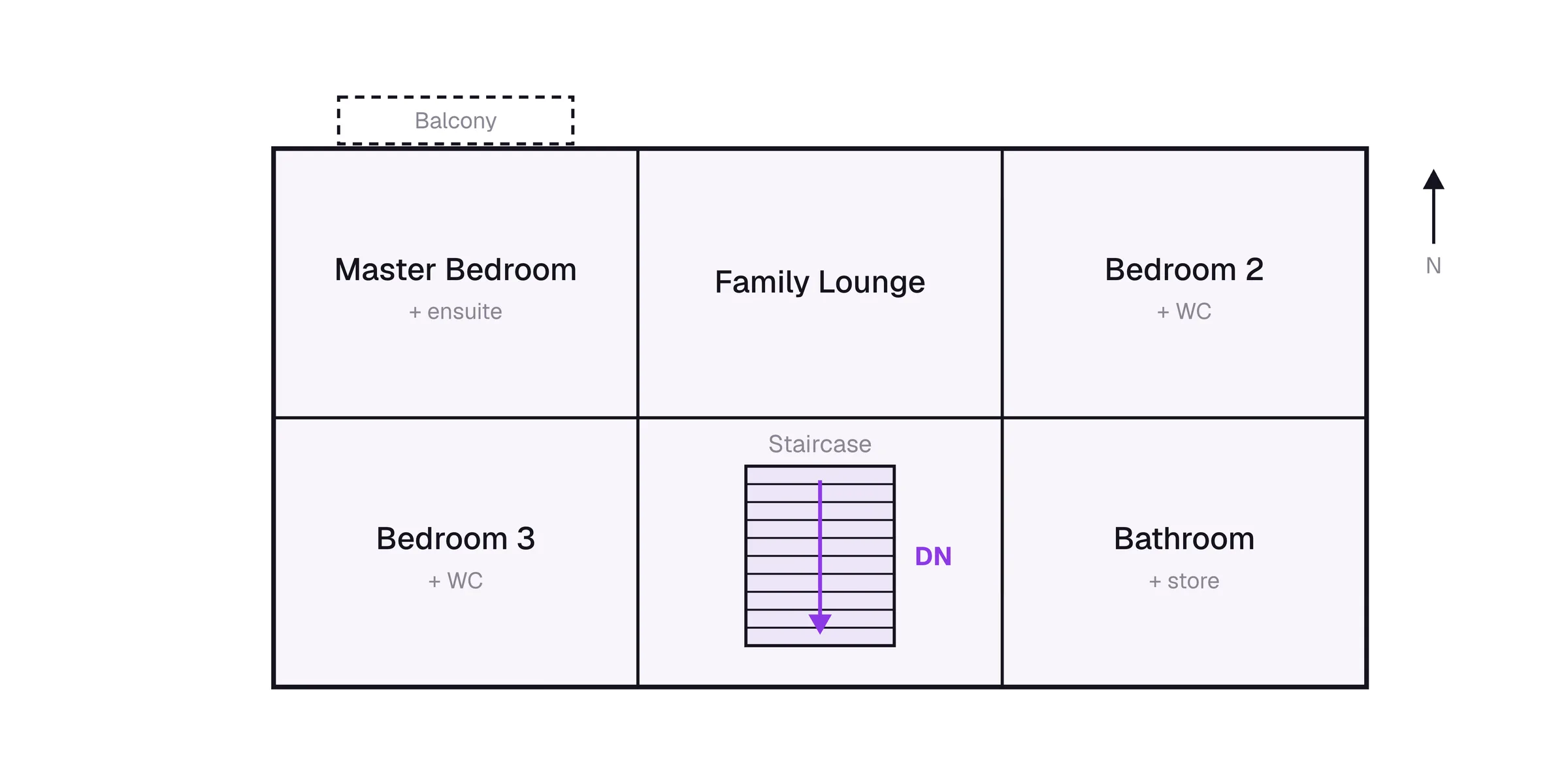 Schematic first-floor plan: master bedroom, family lounge and a second bedroom along the top; a third bedroom, the central staircase marked DN, and a bathroom below; balcony off the master bedroom.