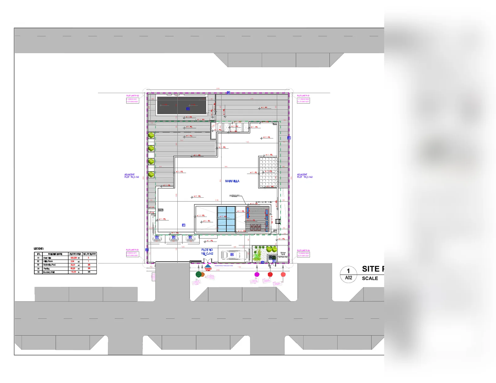 Architectural sheet A10, a site layout drawing showing the villa footprint positioned on its plot with boundaries and setbacks marked.