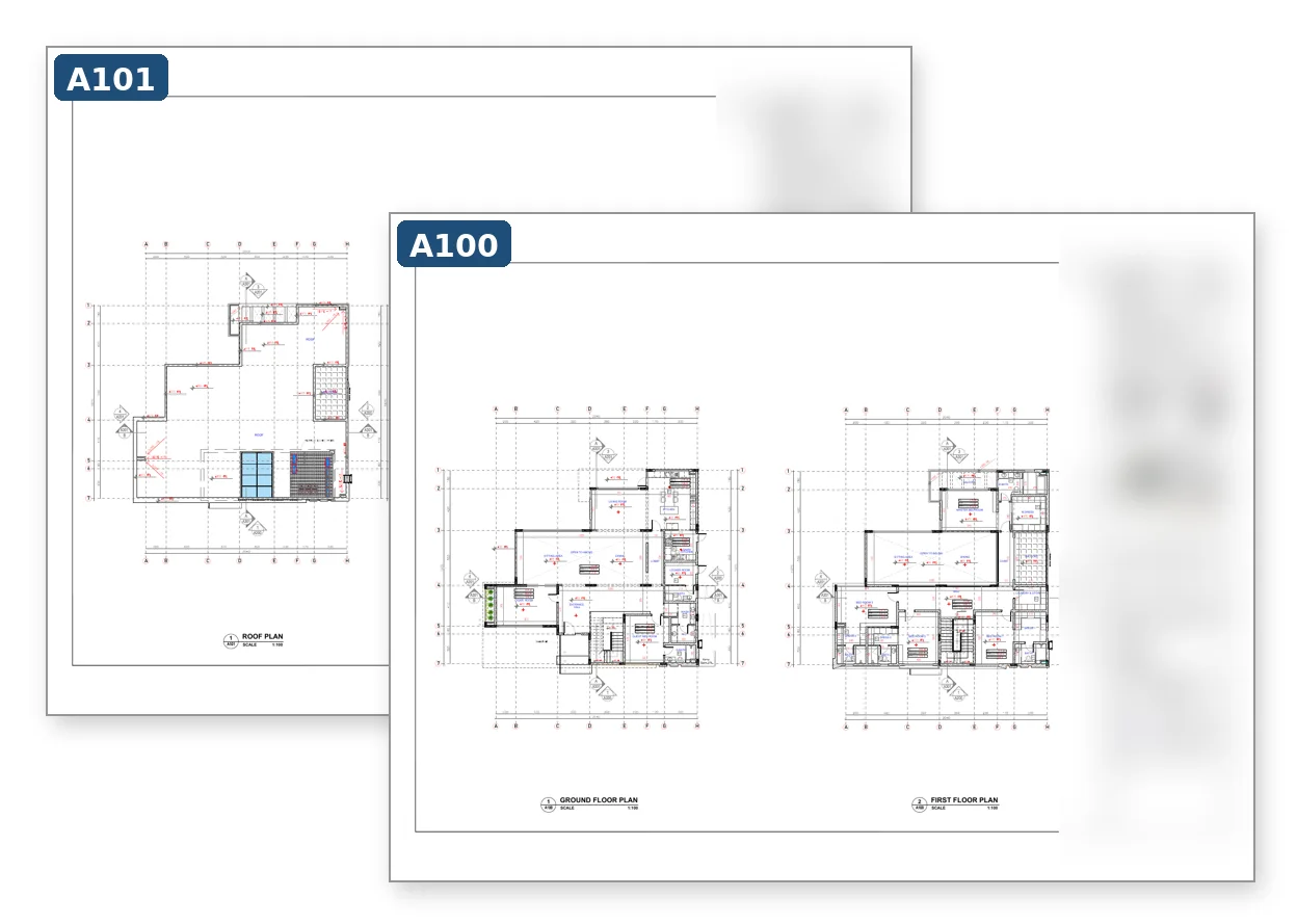 Two architectural plan sheets bundled: ground-floor and first-floor plans in front, roof and top-roof plans behind.